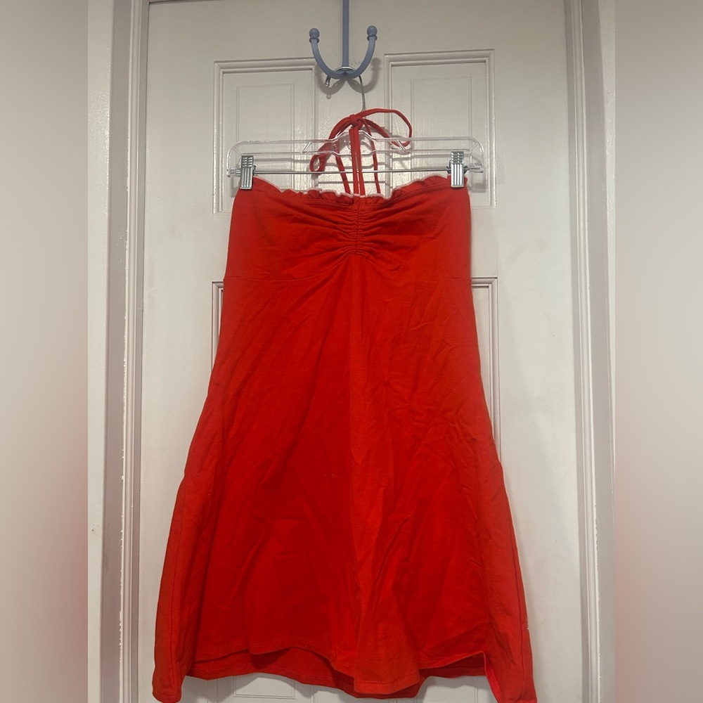 Forever 21 Red Cotton Lettuce Trim Halter Dress